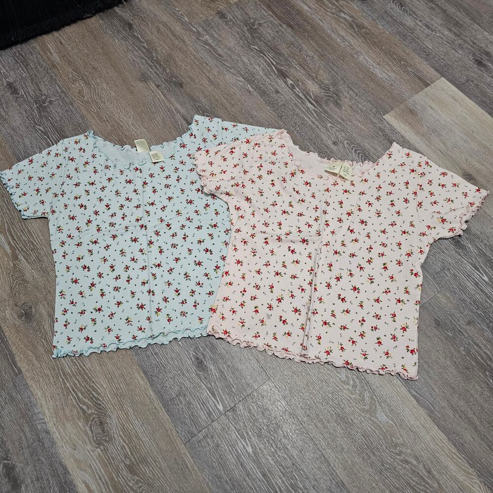 Victoria's Secret Baby Tee Lot Set of 2 Blue Pink Floral Women Large Cotton Y2K